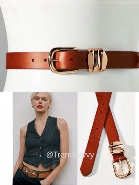 ANTHROPOLOGIE Structured Keeper Belt Brown Leather Gold Buckle Size Large NWT